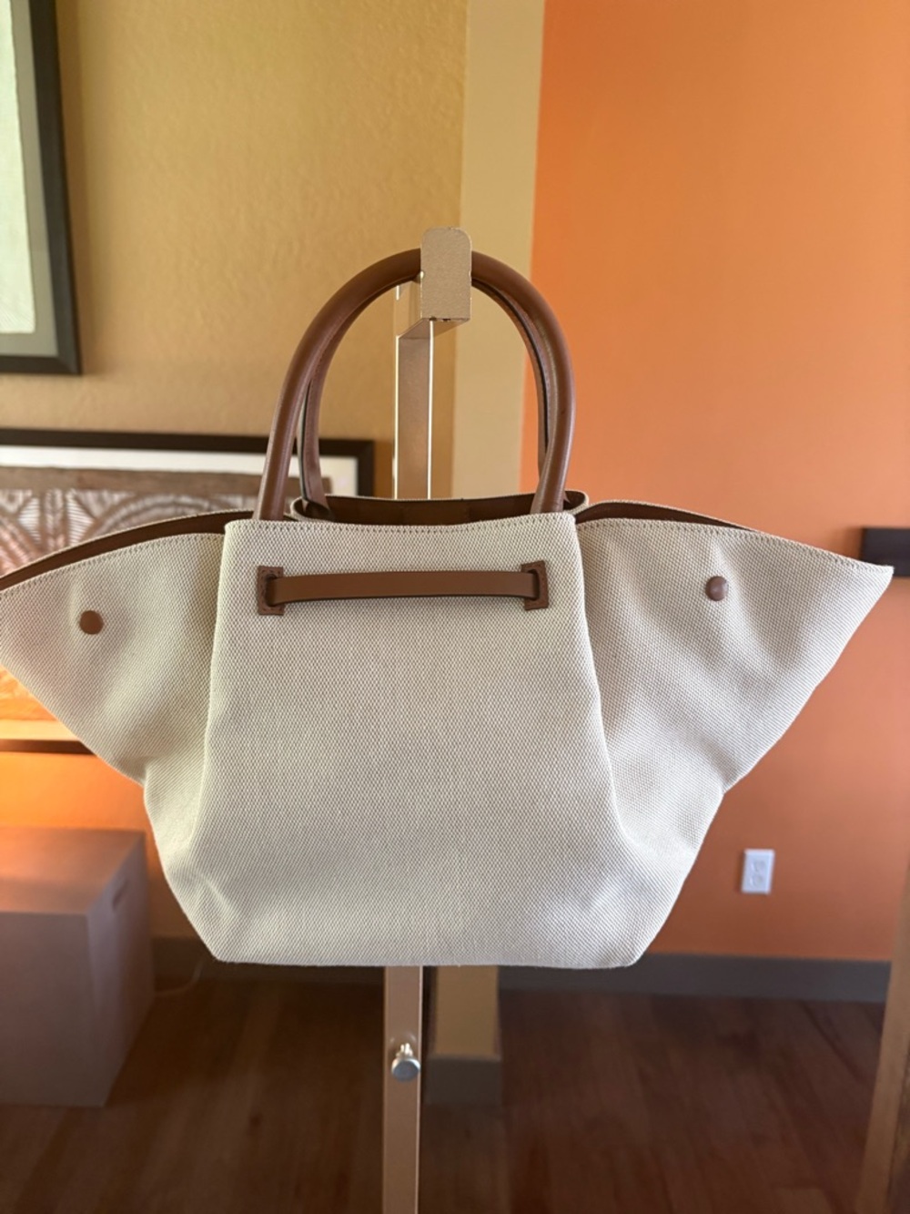 DeMellier midi New York Cream Canvas Tote with Brown (tan) Leather Trim